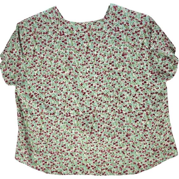 Bobeau Top Plus 2X Green Pink Floral Twist Front Cottage Fairy Short Sleeves - Picture 3 of 7